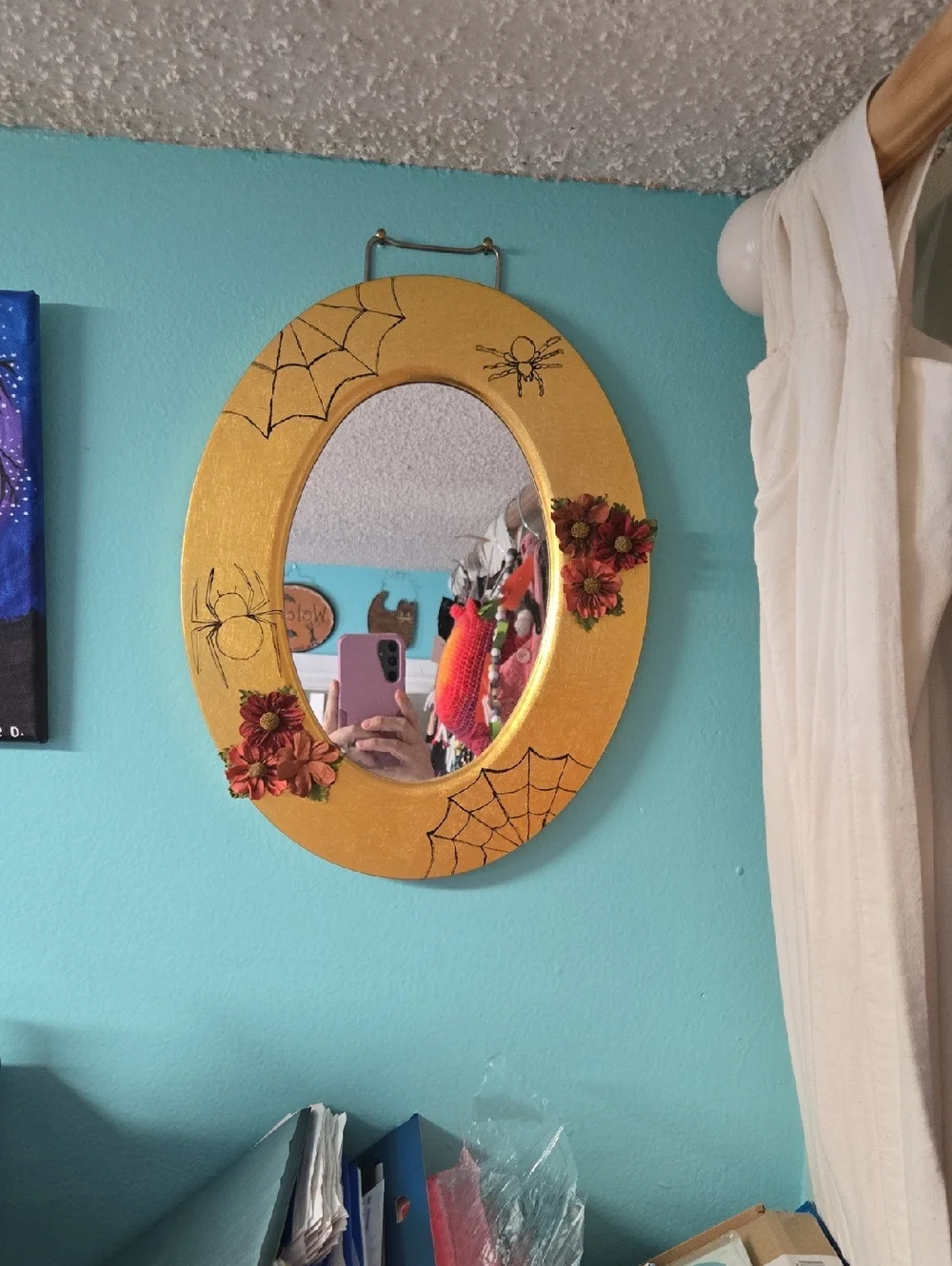 Upcycled Gold Oval Spider mirror with Floral Accents